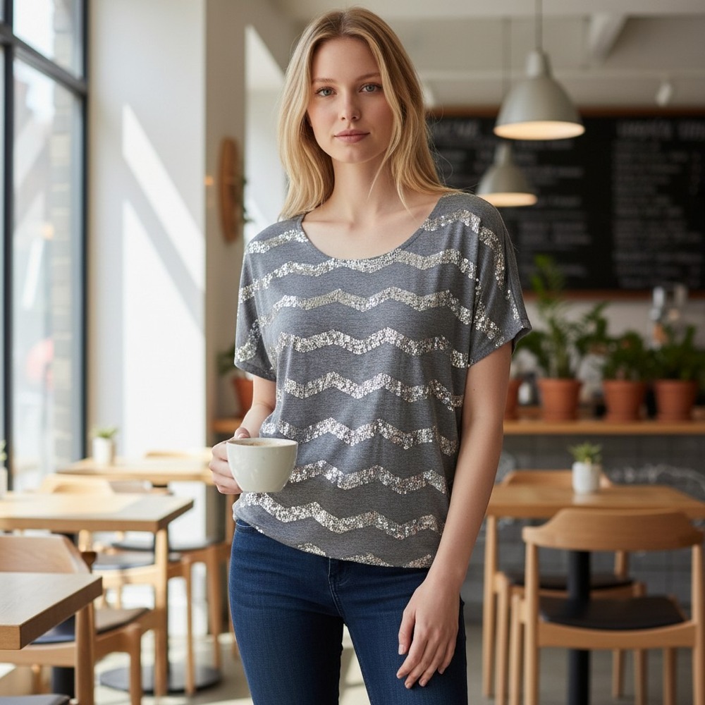 JILLIAN NICOLE Women's Gray Sequined Chevron‎ Dolman Sleeve T-Shirt Top XL SHINE